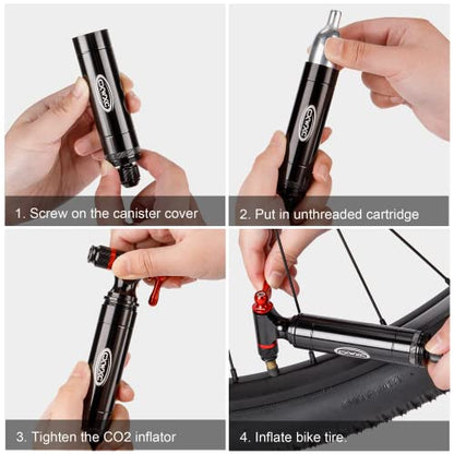 CXWXC CO2 Inflator with 4 x 16g CO2 Cartridges & Tubeless Tire Repair Kit - Presta/Schrader Valve Compatible - Bicycle Tire Pump for Road and Mountain Bikes