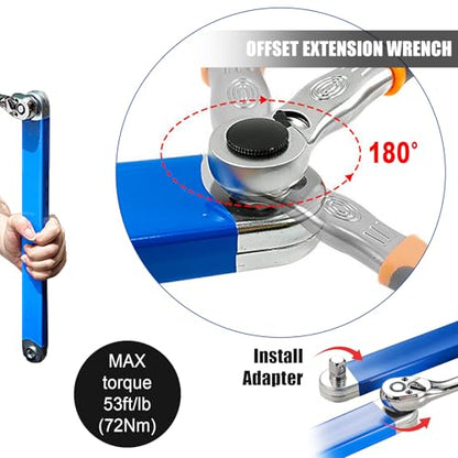 Impact-Ready Offset Extension Wrench Set, 15.4" Ratchet Extension Wrench with 1/2", 1/4" & 3/8" Square Drive Adapters, Universal Tight Space Wrench Extender for Small & Hard-to-Reach Areas