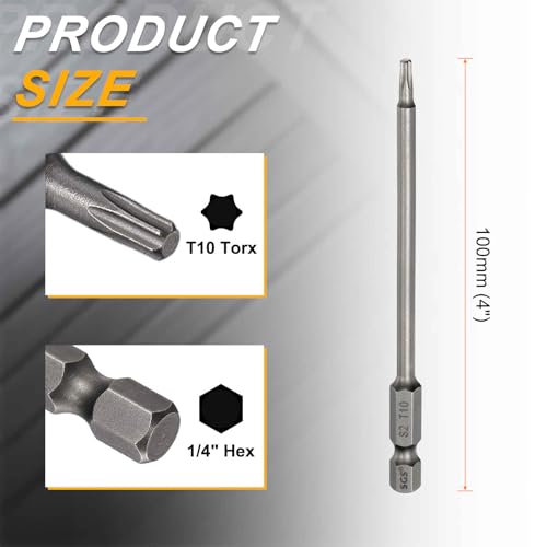 HARFINGTON 10pcs T10 Torx Head Screwdriver Bit 1/4" Hex Shank 4" (100mm) Long Magnetic No Hole Tip Tamper Proof 6 Point Star Screw Driver Drill Bits S2 Steel Industrial Power Screwdrivers - size: T10 x 4"