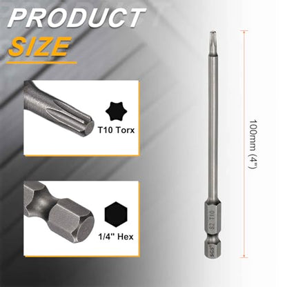 HARFINGTON 10pcs T10 Torx Head Screwdriver Bit 1/4" Hex Shank 4" (100mm) Long Magnetic No Hole Tip Tamper Proof 6 Point Star Screw Driver Drill Bits S2 Steel Industrial Power Screwdrivers - size: T10 x 4"