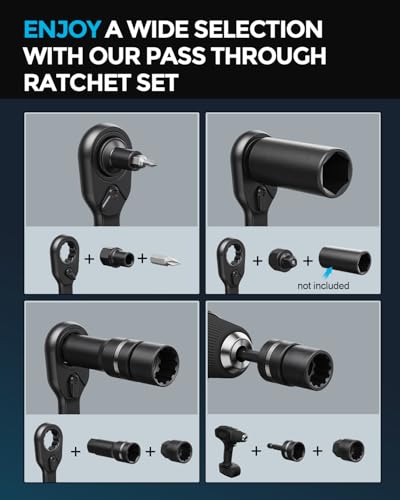 1/4-Inch Drive Pass Through Socket Set, 48-Piece Go-Thru Ratchet Kit, Metric & SAE, Low Profile for Long Bolts & Tight Spaces, Includes Extension Bar & Adapters, Cr-V Steel - size: 48 Pcs