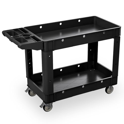 Our Modern Space Commercial Grade 2 Shelf Utility Cart with Wheels - Rolling Tool Trolley, Heavy Duty Service Push Cart for Business Warehouse Office Restaurants Ecommerce Garage
