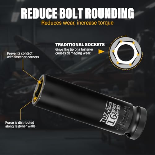 1/2 Inch Drive 16mm Deep Metric 6 Point CR-MO Impact Socket | Radius Corner Design,Square Chamfered Opening,Axle Nut Impact Grade Socket for Easy Removal - size: 1/2” Drive 16mm Deep, style: 1/2" Drive Deep Socket