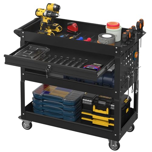 3 Tier Rolling Tool Cart with Drawer, 450 LBS Heavy Duty Utility Cart on Wheels, Service Cart for Garage, Workshop and Warehouse (Black) - color: Black