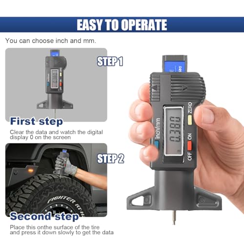 Digital Tire Tread Depth Gauge, Portable 0.01mm Resolution Vehicle Tire Wear Checker with LCD Display & Inch/MM Conversion, Universal Auto Measuring Tool for Car Truck Tires (Black) - color: Black