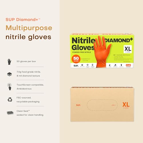 SUPER+ HEAVY DUTY Nitrile Gloves 8 Mil Diamond Texture Disposable Chemical Resistant Powder &Latex Free Food Safe Orange 50Ct - color: X-large (Orange)