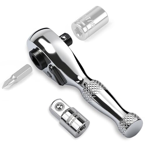 HORUSDY 1/4-Inch Stubby Ratchet Wrench Set, Chrome Alloy 90-Tooth Reversible 1/4" Drive Handle with Magnetic Bit Driver & 1/4" to 3/8" Adapter, Compact Socket Wrench for Tight Spaces, Auto, DIY - style: 1/4" Drive 90T stubby