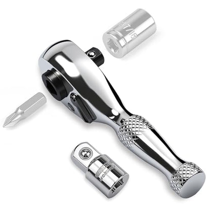 HORUSDY 1/4-Inch Stubby Ratchet Wrench Set, Chrome Alloy 90-Tooth Reversible 1/4" Drive Handle with Magnetic Bit Driver & 1/4" to 3/8" Adapter, Compact Socket Wrench for Tight Spaces, Auto, DIY - style: 1/4" Drive 90T stubby