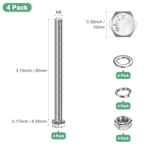 M METERXITY 4-Pack Hex Head Screw Bolt with Nuts Flat & Lock Washers M6x80mm Stainless Steel Bolts and Nuts Kit Fully Threaded Metric Bolt Assortment for Equipment/Machinery - size: M6 x 80mm