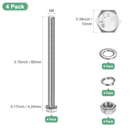 M METERXITY 4-Pack Hex Head Screw Bolt with Nuts Flat & Lock Washers M6x80mm Stainless Steel Bolts and Nuts Kit Fully Threaded Metric Bolt Assortment for Equipment/Machinery - size: M6 x 80mm