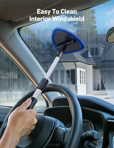 Windshield Cleaning Tool with Extendable Handle, Car Interior Window Cleaner Kit with 4 Reusable Microfiber Pads, Inside Windshield Cleaner for Auto & Home Glass - color: Blue