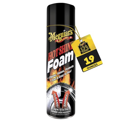 Meguiar's Hot Shine Tire Foam - High Goss Tire Shine that Cleans, Shines, and Protects in One, Deep, Black Shine with Conditioners and UV Protection to Help Keep Tires Looking Like New, 19 Oz Aerosol - size: 1-pack