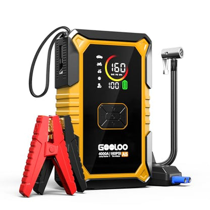 GOOLOO A5 Jump Starter with Air Compressor, 4000A Car Battery Booster | 4-in-1: 4000A Portable Car Jump Starter - 160 PSI Auto-Off Inflator - 45W USB-C Output with Built-In Cable - LED Flashlight - color: Yellow