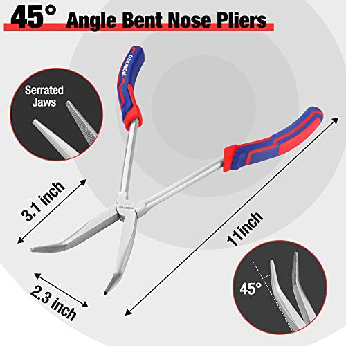 WORKPRO 3PC Long Reach Pliers Set, 11'' Straight, 90° & 45° Bent Nose Plier | Extra Long Needle Nose Plier Set For Narrow Spaces