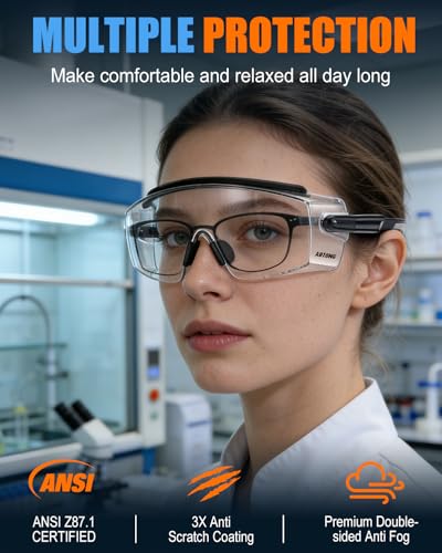 Safety Glasses Over Eyeglasses — ANSI Z87.1 Certified Safety Goggles with UV380 Anti-Fog and Scratch Clear Wraparound Lenses & Adjustable Temples — Ideal for Chemistry Lab Work & Industrial Use - color: Black