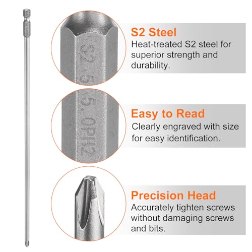 HARFINGTON 5pcs #2 Phillips Screwdriver Bit PH2 1/4" Hex Shank 10" (250mm) Long Magnetic S2 Steel Industrial Grade Screw Driver Bit Cross Head Electric Drill Bits 0.197" (5mm) Rod - size: PH2 x 250mm x 5mm