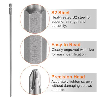 HARFINGTON 5pcs #2 Phillips Screwdriver Bit PH2 1/4" Hex Shank 10" (250mm) Long Magnetic S2 Steel Industrial Grade Screw Driver Bit Cross Head Electric Drill Bits 0.197" (5mm) Rod - size: PH2 x 250mm x 5mm