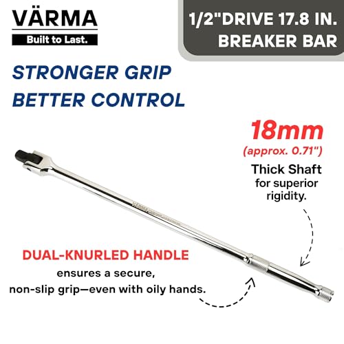 1/2-Inch Drive Breaker Bar, 18-Inch – Heavy Duty CR-MO Head & 18mm Thick Shaft – Dual-Knurled Non-Slip Grip, Constant Tension Flex Head, Premium Mirror Chrome Finish - size: 1/2" Drive x 17.8"