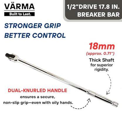 1/2-Inch Drive Breaker Bar, 18-Inch – Heavy Duty CR-MO Head & 18mm Thick Shaft – Dual-Knurled Non-Slip Grip, Constant Tension Flex Head, Premium Mirror Chrome Finish - size: 1/2" Drive x 17.8"