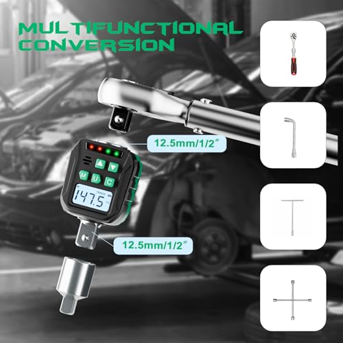 1/2-Inch Digital Torque Adapter, 7.38-147.5 Ft.lb/10-200 N.m, Electronic Torque Wrench Converter with ±2% Accuracy, Preset Function, Data Storage, 3/8” & 1/4” Adapter for Bike, Moto, Car - size: 7.38-147.5 Ft-lb/10-200 Nm