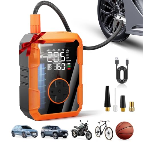 Portable Air Pump for Car Tires, 150 PSI Tire Inflator Cordless w/LED Light, Auto Shut-off Air Compressor Bike Tire Pumps w/Pressure Gauge for Car Bicycle Motorcycle Ball, Father Day Gifts - color: Black&orange