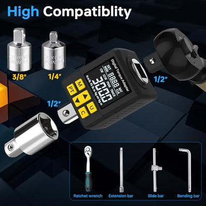 Heavy-duty Digital Torque Adapter, (±1% Accuracy, 40-300Ft-lb), 1/2" Digital Torque Wrench Adapter for Auto, Versatile Meter - Alert | Peak/Track | Preset | Store/Delete, for Machinery Repairs(406N.m) - style: 1/2' Drive 40-300 Ft-lb