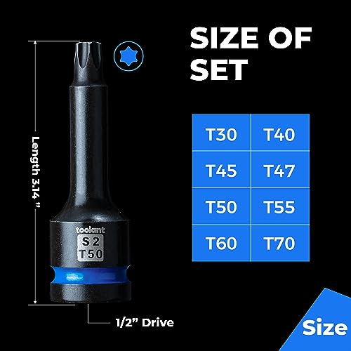 toolant 1/2-Inch Drive T30-T70 Impact Torx Socket Set, 8-Piece | S2 steel one-piece sockets feature manganese phosphate coating, pin holes, and laser-etched markings - size: T30 to T70