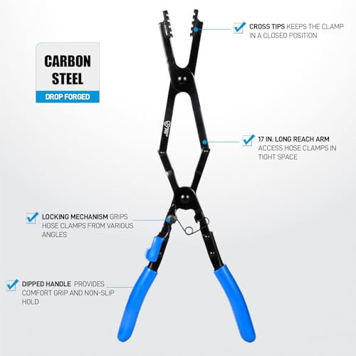 SMOTIVEPRO 17in Extra Long Hose Clamp Pliers with Locking Mechanism | Cross-Cut Jaw Design for Reliable Grip from Side and Angled Positions, Ideal for Hard-to-Reach Hose Access - color: 17" Long Reach Hose Clamp Pliers