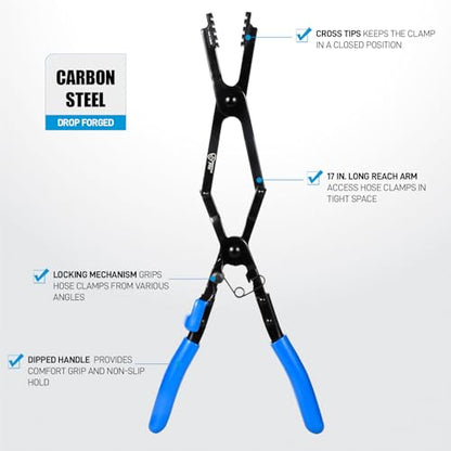 SMOTIVEPRO 17in Extra Long Hose Clamp Pliers with Locking Mechanism | Cross-Cut Jaw Design for Reliable Grip from Side and Angled Positions, Ideal for Hard-to-Reach Hose Access - color: 17" Long Reach Hose Clamp Pliers