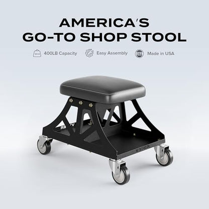 Vyper Low Pro Garage Stool with Removable Seat for Mechanics, Blue Frame | Robust steel garage stool with 400 lb capacity, large industrial casters, foam seat, tool tray, and red frame for auto or DIY - color: Black Seat, Blue Frame