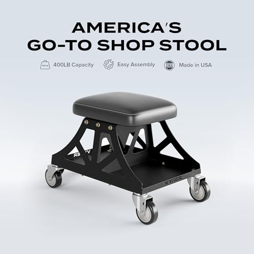 Vyper Low Pro Garage Stool with Removable Seat for Mechanics, Red Frame | Robust steel garage stool with 400 lb capacity, large industrial casters, foam seat, tool tray, and red frame for auto or DIY - color: Black Seat, Red Frame
