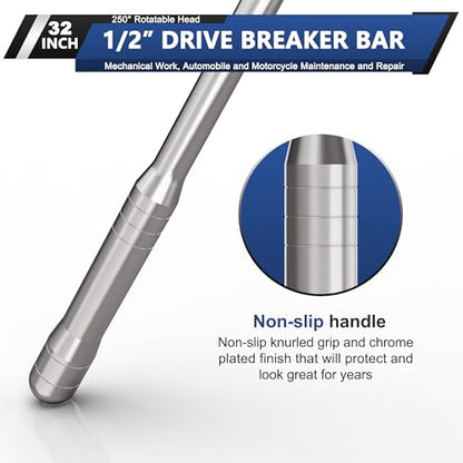 32-Inch 1/2” Drive Breaker Bar, Heavy Duty Extension Breaker Bar, 250° Rotatable Head, Premium Chromium Molybdenum Steel, Mechanical Work, Automobile and Motorcycle Maintenance and Repair - size: 1/2" 32 in