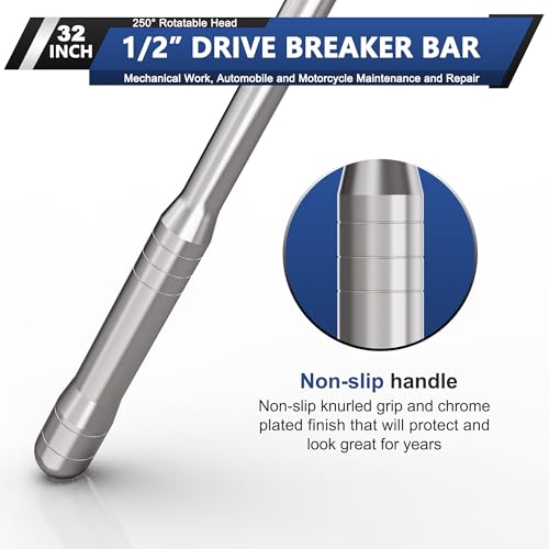 32-Inch 1/2” Drive Breaker Bar, Heavy Duty Extension Breaker Bar, 250° Rotatable Head, Premium Chromium Molybdenum Steel, Mechanical Work, Automobile and Motorcycle Maintenance and Repair - size: 1/2" 32 in