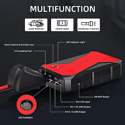 DBPOWER 1000A Portable Car Jump Starter (UP to 7.0L Gas, 5.5L Diesel Engine), 12V Lithium-Ion Auto Battery Booster, Power Pack with LCD Screen Clamp Cables,USB Quick Charge, LED Flashlight