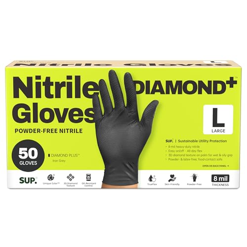 SUPER+ HEAVY DUTY Nitrile Gloves 8 Mil Diamond Texture Disposable Chemical Resistant Powder &Latex Free Food Safe Black 50 Ct - color: Large (Iron-grey)