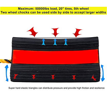 Wheel Chocks Rubber Heavy Duty Trailer Wheel Chocks with Red Reflective Visibility Tape and Yellow Nylon Rope 8.27" x 4.53" x 3.94" (Comes with Spare Red Reflective Strip) - color: RED