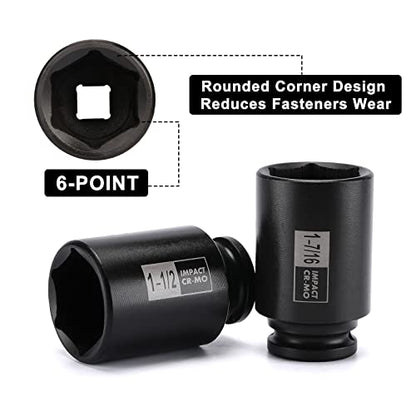 Mayouko 7PCS 1/2 Inch Drive Deep Impact Socket Set, 1-3/8" - 1-3/4", Spindle Axle Nut Sockets, SAE, Deep, 6-Point, CR-MO - size: 1.375" - 1.75" (7 Pieces)