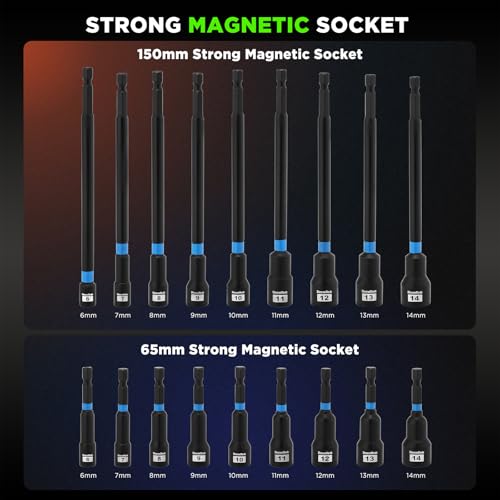 TecoTek 52PCS 1/4" Drive Impact Socket Set & Magnetic Nut Driver Set, Deep & Shallow Socket Metric(4-15mm), Metric Nut Driver Set(6-14mm) for 1/4" Quick-Change Hex Shank