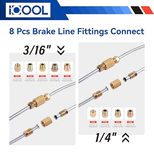 ICOOL 25 ft 3/16" and 1/4" Zinc Coated Brake Line Flaring Tool Kit with 20 Fittings and 4 Unions Brake Line Fittings, Brake Line Kit with Tube Bender and Reamer