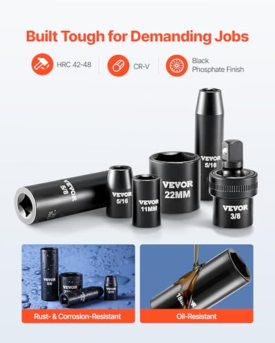 VEVOR 3/8" Drive Impact Socket Set, 50-Piece Standard SAE (5/16 to 3/4 inch) & Metric (8-22 mm) Size, Deep & Shallow, 6 Point, CR-V, Ratchet Handle, Extension Bars, Universal Joint, Reducer, Adapter - size: 3/8" 50 PCS