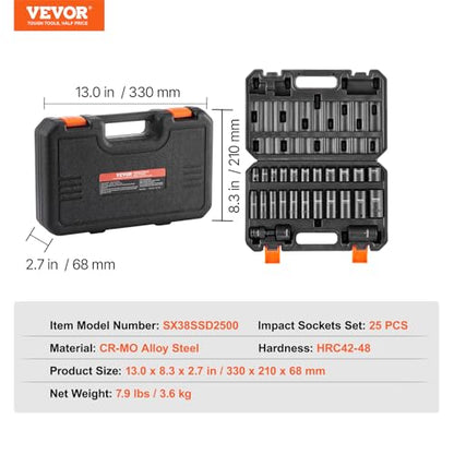 VEVOR 3/8" Drive Impact Socket Set, 25 Piece Deep & Shallow Socket Set SAE 5/16" - 1", 6 Point Cr-Mo Alloy Steel for Auto Repair, Easy-to-Read Size Markings, Rugged Construction, Includes Storage Case - style: 3/8" 25PCS CR-MO