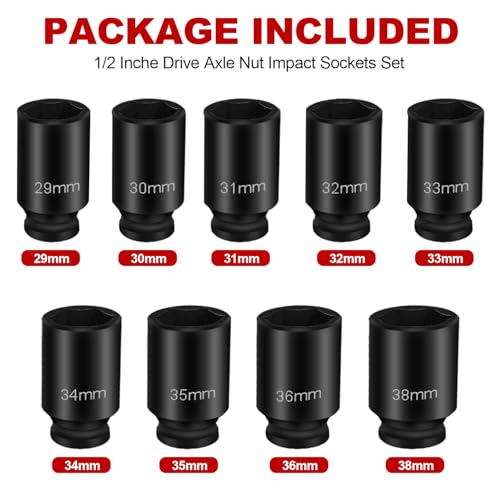 8MILELAKE Axle Nut Impact Sockets Set 9pcs Front and Back Wheel Driver Sockets 1/2 inches Drive