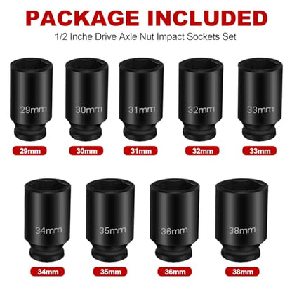 8MILELAKE Axle Nut Impact Sockets Set 9pcs Front and Back Wheel Driver Sockets 1/2 inches Drive