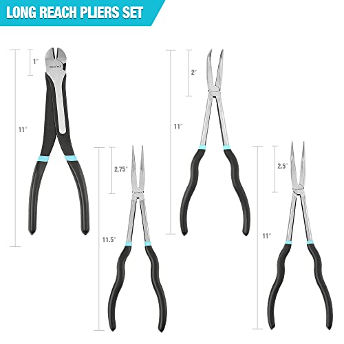 DURATECH 4 PCS Extra Long Needle Nose Pliers Set, Premium CRV Steel, 11" Long Reach Straight & 90° Bent Nose & 45°Bent Nose & Diagonal Pliers for Hard-to-Reach Narrow Spaces