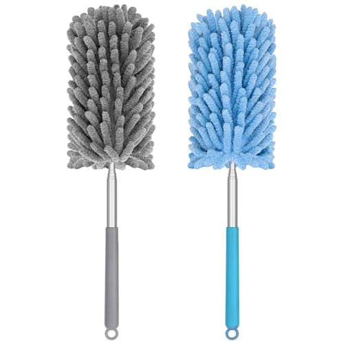 Mini Duster for Cleaning, 360° Bendable Hand Dusters with Extension Pole, Washable Small Duster for Car Interior, Office, Furniture - color: 2 Pack Blue Grey