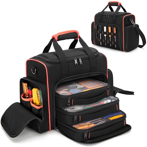 Marscamd Tool Bag with 3 Removable Cases, 2 Layers Tool Tote for Hand Tools, Black with Red Binding - color: Black with Red Binding