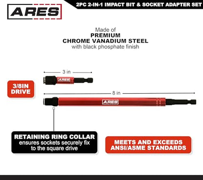 ARES 22027 – 2-in-1 Impact Bit and Socket Adapter Set – 3-Inch and 8-Inch Adapters - Unique Design Holds Standard 1/4-Inch Hex Bits and 3/8-Inch Drive Sockets – Spinning Sleeve Stabilizes Adapter - size: 2pc 2-in-1 Impact Bit and Socket Adapter Set