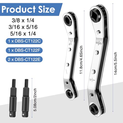 Zhehao Hvac Service Wrench Refrigeration Service Wrench Set, 3/8 to 3/16, 5/16 x1/4, Ratchet Refrigeration Tool Set Air Conditioner Valve with Hexagon Bit Adapter Kit for Equipment Repair