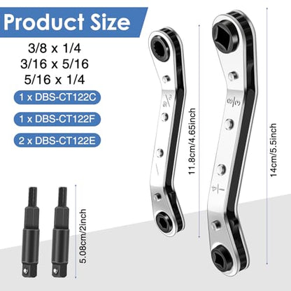 Zhehao Hvac Service Wrench Refrigeration Service Wrench Set, 3/8 to 3/16, 5/16 x1/4, Ratchet Refrigeration Tool Set Air Conditioner Valve with Hexagon Bit Adapter Kit for Equipment Repair