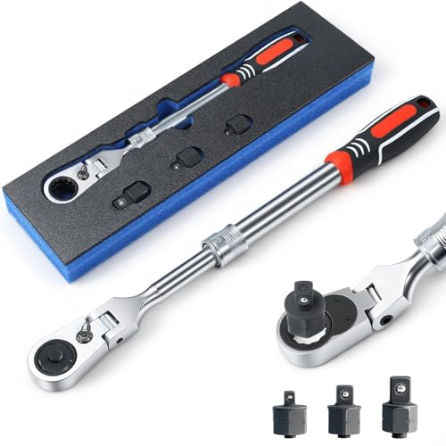 Extendable Ratchet Wrench Set, 72-Tooth Long Socket Wrench Ratchet with 1/4" 3/8" 1/2" Socket Drive Adapat, 180° Flex-Head Ratcheting Set with Soft Grip Handle for Men Mechanic Hand Tools